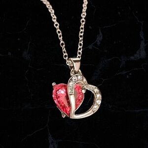 Double Heart 925 Sterling Silver Pendant Pink And White Cubic Zirconia